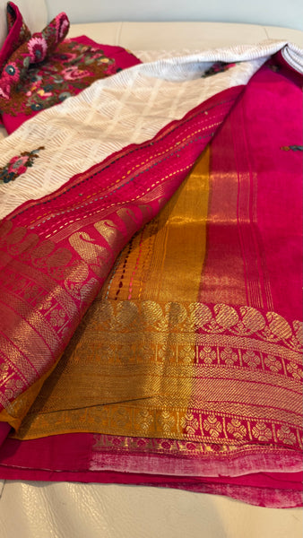 White Soft Silk Saree with French Knots and Kantha Stitch with Zari Border