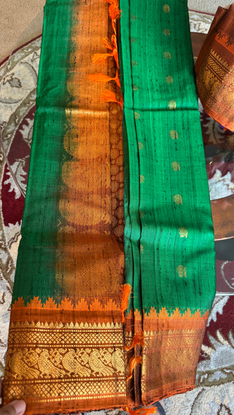 Green and Orange Pure Handloom Raw Gadwal Silk Saree
