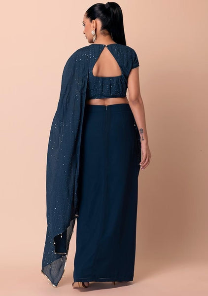 Navy Sequin Embroidered Pre-Stitched Saree (Without Blouse)