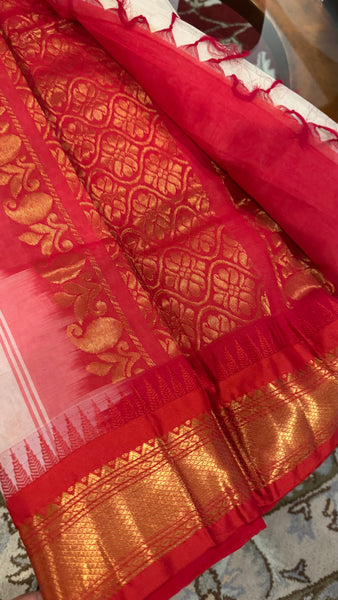 White and Red Cotton Gadwal Saree