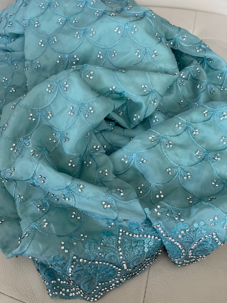 Teal Sky Blue Georgette Silk Saree with Crystals
