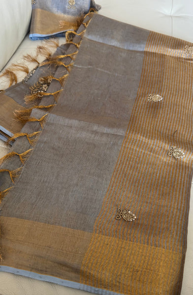 Dual Tone Grey Silver Gold Tone Tissue Linen Saree