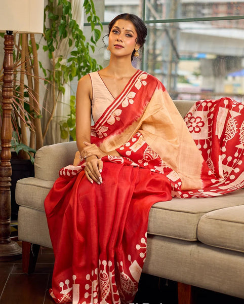 Red Pure Silk Saree with Tan Warli Art Print & Folk Motif Pallu