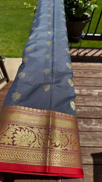 Midnight Navy Blue Grey Blended Silk Saree with Antique Gold Zari Border & Red Contrast Accents