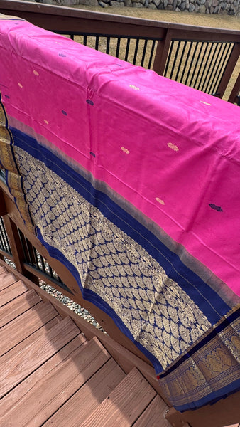 Pink and Navy Blue Soft Silk Saree