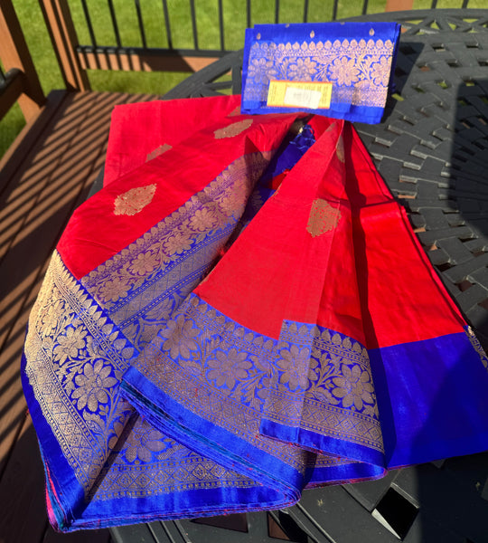 Tomato Red Soft Banarasi Pattu Katan Silk Saree with Zari weaves with Deep Navy Blue Border