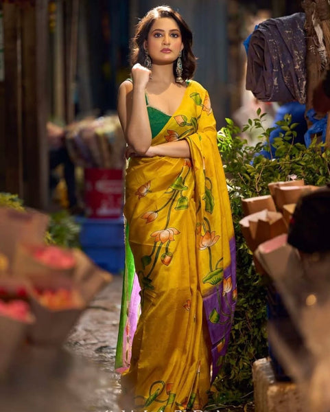 Mustard & Purple Bishnupuri Silk Saree with Handcrafted Floral Motifs