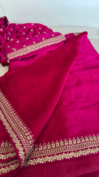 Fuchsia Pink Crepe Silk Saree with Zardosi Border