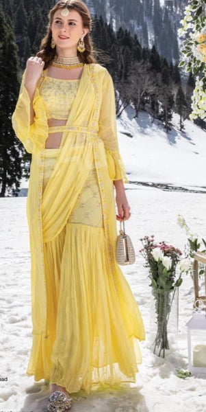 Yellow Silk Chanderi Kurta Sharara Set