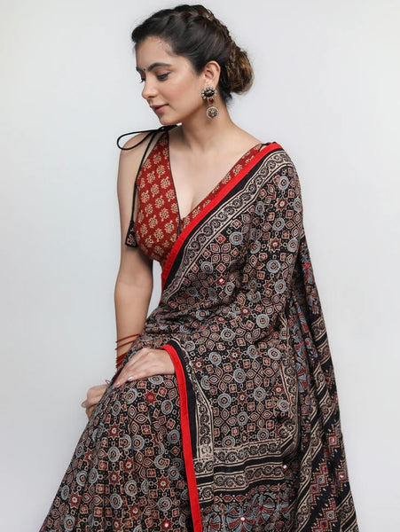 BLACK AJRAKH COTTON SAREE WITH RED BORDER