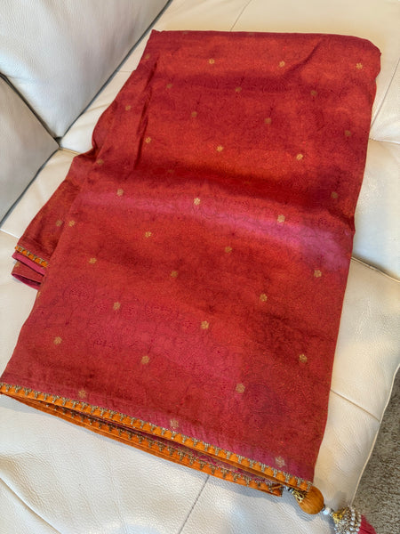 Coral Pink and Orange Katan Tanchoi Silk Saree