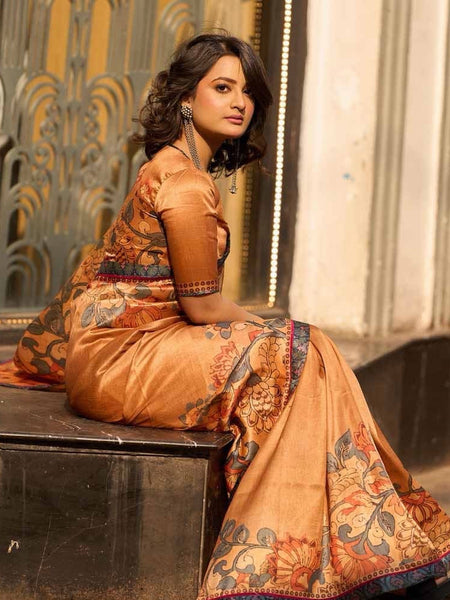 Mustard Tan Blended Silk Saree with Traditional Kalamkari Print