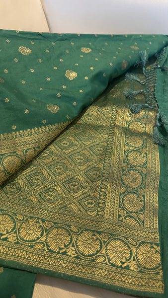 Green and Gold Pure Tussar Crepe Silk Saree