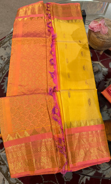 Yellow and Coral Pink Pure Silk Handloom Gadwal Saree
