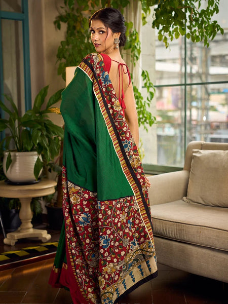 Bottle Green Cotton Saree with Contrast Maroon Border & Hand Painted Pen Kalamkari Pallu