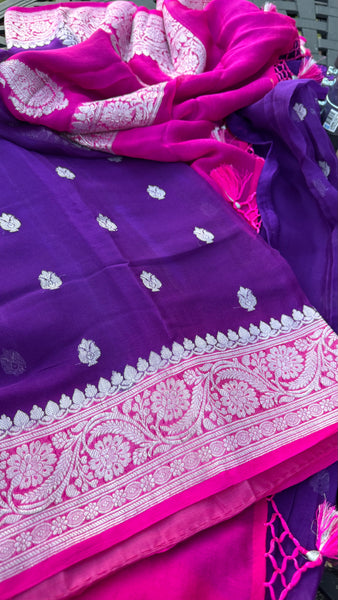 Purple and Hot Pink  Pure Handwoven Khaddi Banarasi Chiffon Georgette Saree