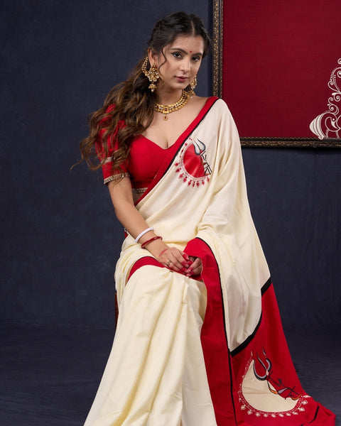 Hand-painted Durga-Ma Saree in Off-white Rayon & Red Combination