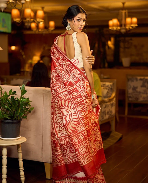 Red & Ivory Batik Saree
