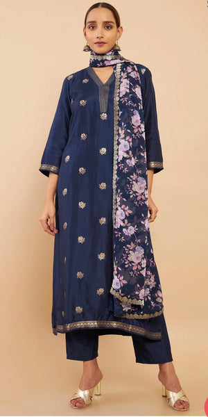 Navy Blue Chanderi Floral Woven Design Suit Set
