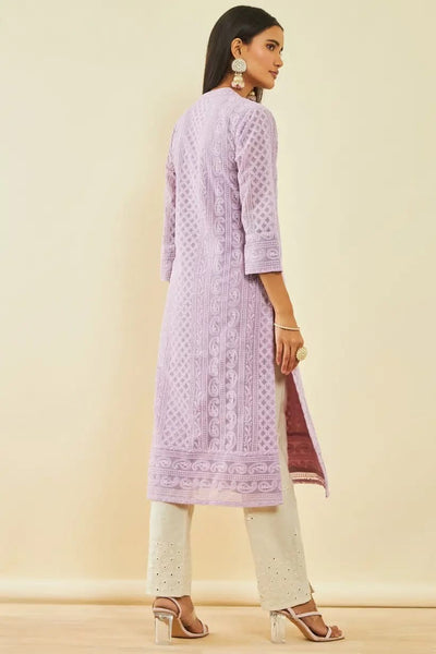 Purple Georgette Paisley Thread Embroidered Straight Kurta
