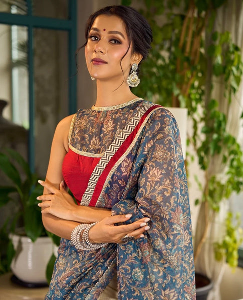 Ivory Kalamkari Floral Chanderi Saree with Red Zari-Trimmed Hem & Chevron Border Accent