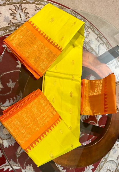 Greenish Yellow and Orange Pure Silk Handloom Gadwal Saree