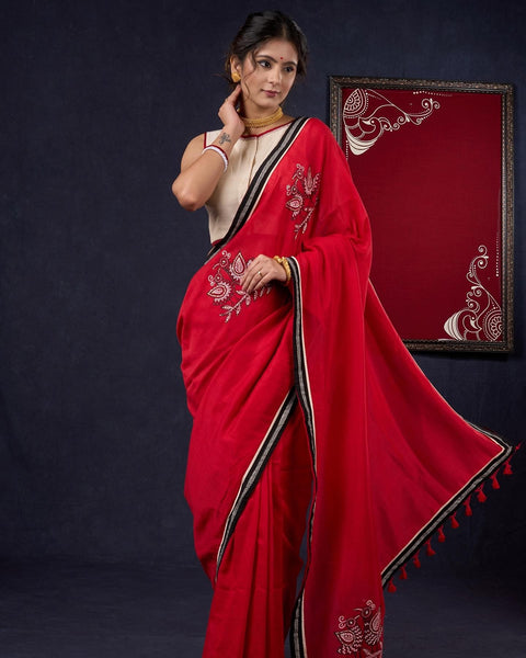 Red Handpainted Bengal Cotton Saree