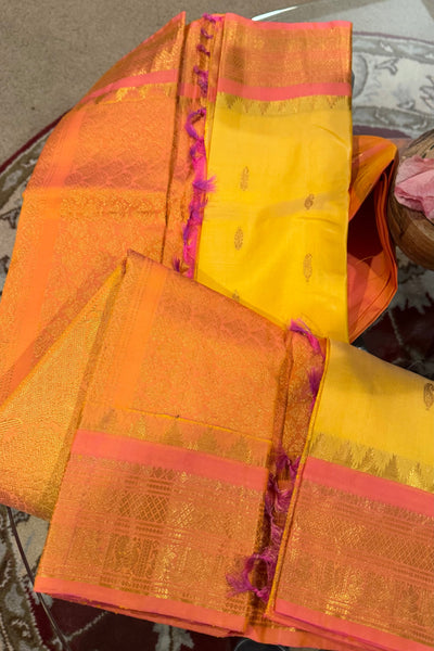 Yellow and Coral Pink Pure Silk Handloom Gadwal Saree