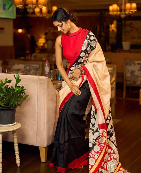 Black Pure Silk Saree with Red & Ivory Kalamkari Floral Border