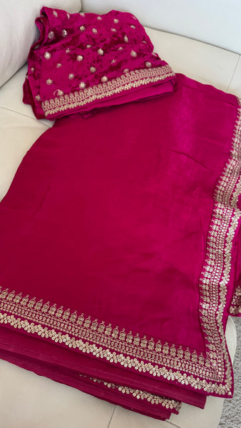 Fuchsia Pink Crepe Silk Saree with Zardosi Border
