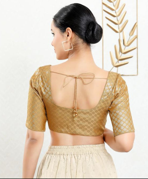 Women's Brocade Padded Front Open Elbow-Sleeves Saree Blouse