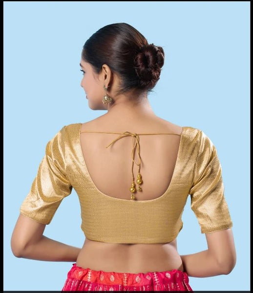 Women's Shimmer Padded Front Open Elbow-Sleeves Saree Blouse