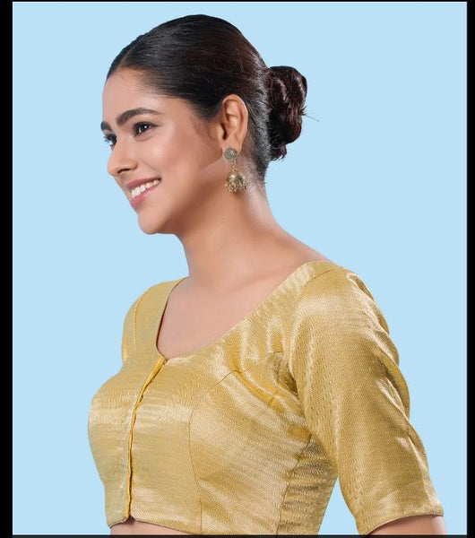 Women's Shimmer Padded Front Open Elbow-Sleeves Saree Blouse