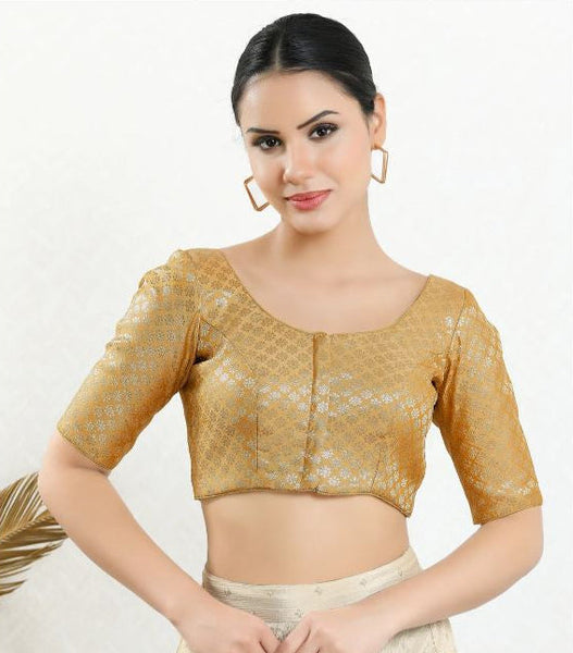 Women's Brocade Padded Front Open Elbow-Sleeves Saree Blouse