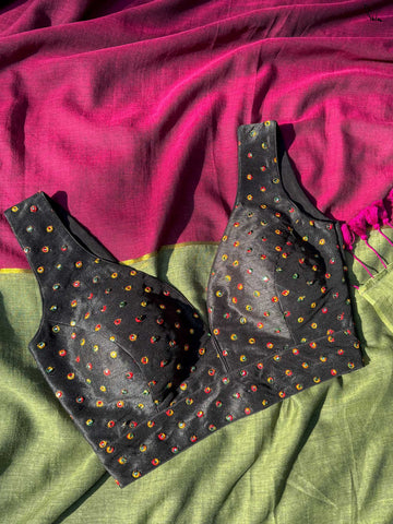 Black gold polka embroidered dome neck blouse sleeveless with back hook