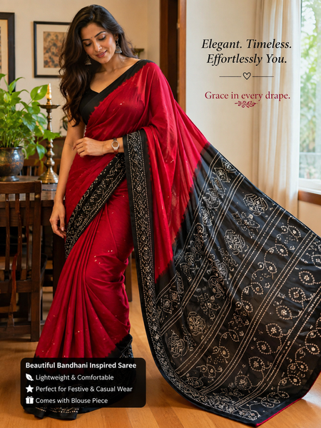 Deep Maroon and Black Satin Silk Bandhani Saree
