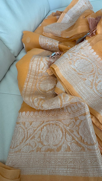 Peach Orangish and Silver Pure Handwoven Khaddi Banarasi Chiffon Georgette Saree