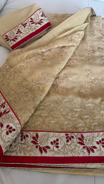 Sandy Off White Georgette Silk Saree with Red Border