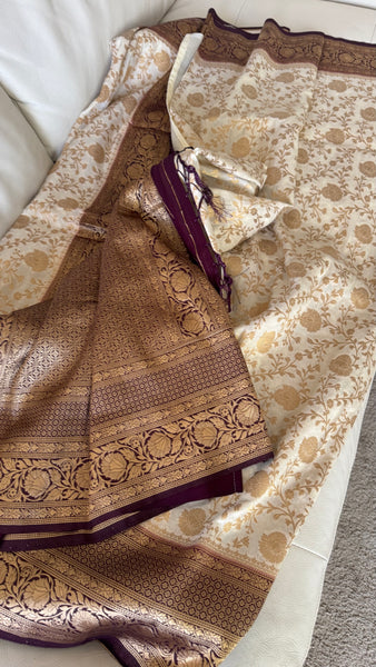 Off White Banarasi Crepe Silk Saree with Deep Purple Border
