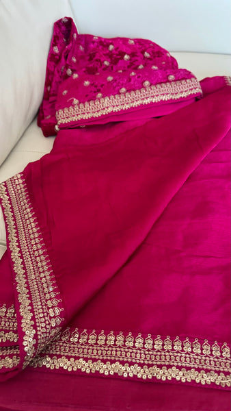 Fuchsia Pink Crepe Silk Saree with Zardosi Border