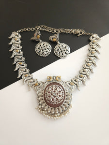 Dualtone Peacock SLA German Silver Choker and Earring Set