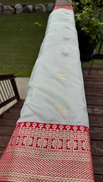 Off White and Red Soft Silk Saree with Readmade Blouse