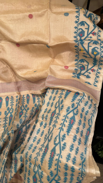 Aqua Sky Blue Handwoven Pure Tussar Silk Jamdani Saree