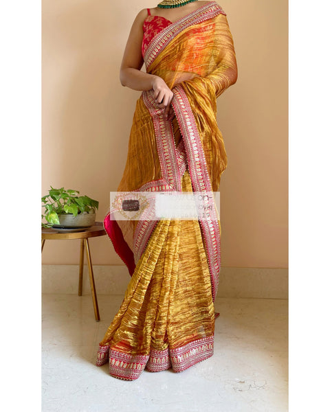 Gold Zari Tissue Saree with Red Border