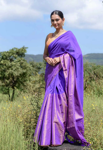 Blue and gold half-and-half saree with gold scallop lace