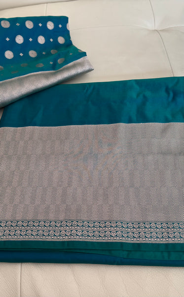 Soft Banarasi Silk Saree Iridescent Peacock Blue With Zari Border