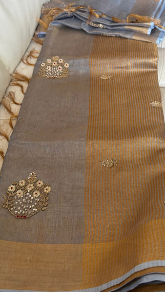 Dual Tone Grey Silver Gold Tone Tissue Linen Saree