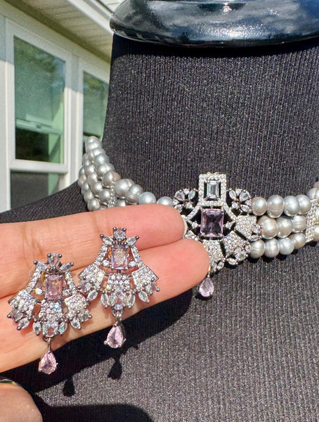 Natural Freshwater Gray Real Pearl Set with CZ and Pinkish Lavender Stone