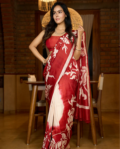 Agamoni Durga Puja Collection Red & Off White Batik Saree