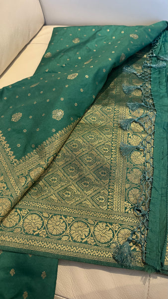 Green and Gold Pure Tussar Crepe Silk Saree